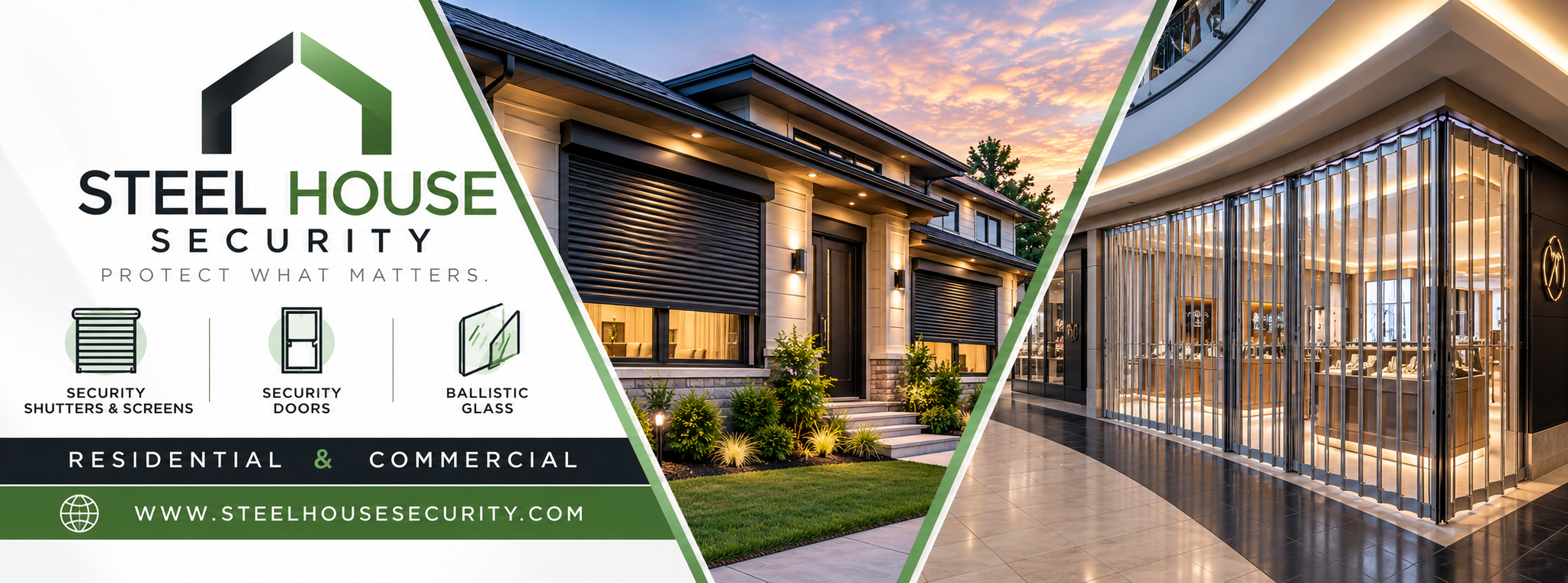Steel House Security branding with illustrative residential rolling shutters and commercial storefront security grilles